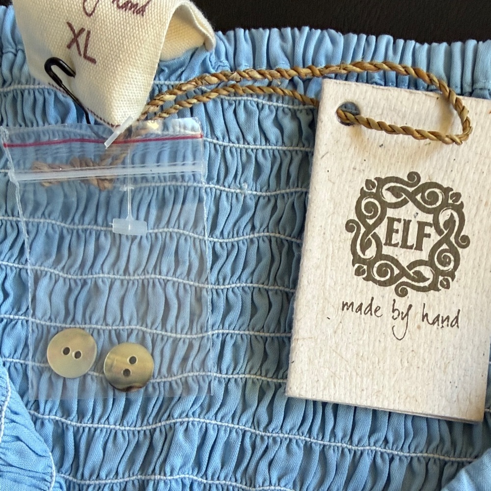 Elf Handmade Blue Cottagecore Midi Dress Smocked Puff Sleeve Button Front XL NWT - Picture 3 of 10